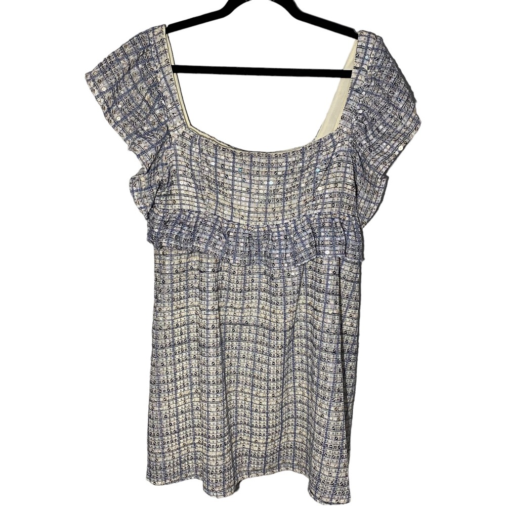 Storia Women's large‎ Ivory/Blue Plaid Sequin Ruffled Mini Dress Sparkle Plaid